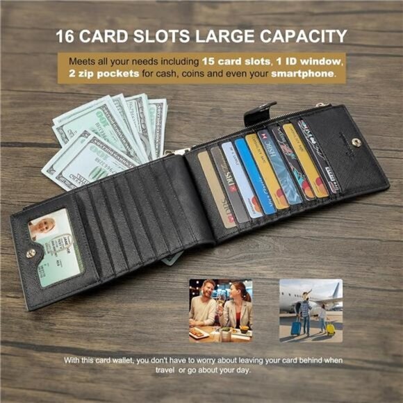 Women's Wallet RFID Blocking Bi fold Multi Card Wallet Zipper Pocket BLACK NEW - Picture 2 of 6